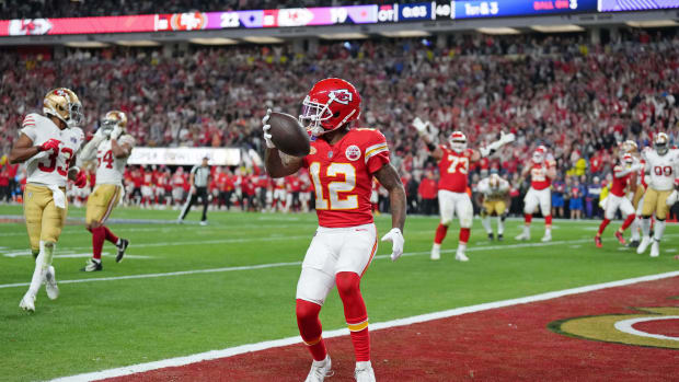 Feb 11, 2024; Paradise, Nevada, USA; Kansas City Chiefs wide receiver Mecole Hardman Jr. (12) reacts after scoring a touchdown against the San Francisco 49ers in overtime during Super Bowl LVIII at Allegiant Stadium. Mandatory Credit: Kirby Lee-USA TODAY Sports  